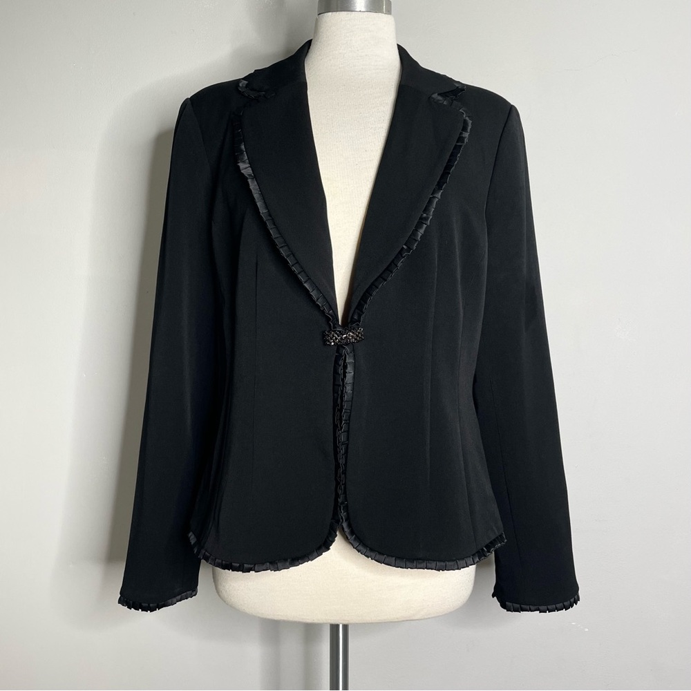 TROUSERS ETC Pleated Satin Trim Crystal Button Suit Jacket Blazer